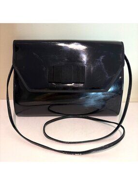 Vintage Sharif JR Black Patent Leather Shoulder Bag Clutch Bow Retro Old Money